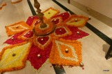 A flower decoration with marigolds, rose and jasmine at a Diwali party